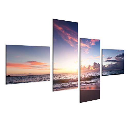 islandburner, Tableau Tableaux sur Toile Coucher de Soleil sur la Plage des Seychelles Impression Cadeau NMY-4LP-FR