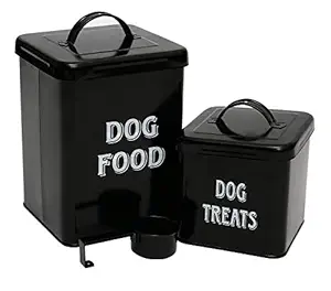 Pethiy Dog Food and Treats Containers Set with Scoop for Dogs-Vintage White Powder-Coated Carbon Steel - Tight Fitting Lids - Storage Canister Tins Small-Black