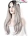 K'ryssma® Grey Ombre Black Roots Natural Straight Soft Hair Synthetic Lace Front Wig for Women Natural Looking Full Wig Half Hand Tied Heat Safe 22 inch