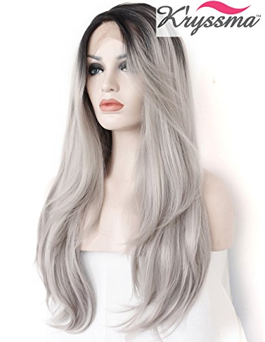 K’ryssma Grau Wavy Ombre Perücke Synthetische Lace Front Perücken Schwarz Roots Natur Glattes Haar Hitze Sicher 22 inch - 3