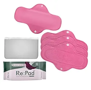 Re:Pad Reusable Sanitary Pads for women, | (4 Pads for moderate flow (Pink) + 1 Leak Proof Sanitary Pad Pouch) | Lasts Up To 1 .5 Years | Highly Absorbent & Skin Friendly. Certified Organic Pads for women