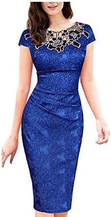 Anxihanee Women's Embroidered Floral Ruched Wedding Cocktail Party Bodycon Pencil Dress (L, Royal Blue)