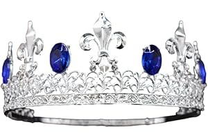 LEEMASING Couronne ronde rétro en métal pour homme - Ornement royal - Accessoires de cosplay pour mariage, bal, fête d'anniversaire, concours de beauté (Bleu argenté)
