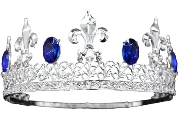 Couronne ronde rétro en métal pour homme - Ornement royal - Accessoires de cosplay pour mariage, bal, fête d'anniversaire, concours de beauté (Bleu argenté)