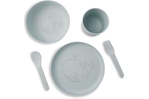 BIOZOYG PLA 5-częściowy zestaw naczyń dla dzieci, zestaw śniadaniowy, nadaje się do mycia w zmywarce, filiżanka, łyżeczka i widelec, pomysł na prezent dla dzieci, zabawne naczynia dla dzieci z motywem zwierzęcym, wieloryb