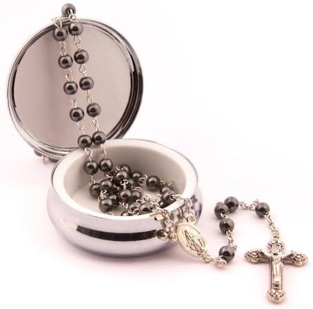 Rosary First Holy Communion Gift. Boy's Holy Communion Gift. Haematite Beads in Holy Communion Gift Box 5.6 cm diameter x 2 cm deep.