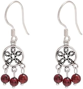 BAGEHAN Dream Catcher Earrings Female Unique Wild White Fungus Nails Red Garnet Tassel Earrings Long Pendant,A