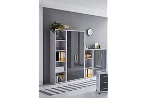 BMG MÖBEL abschliessbarer Aktenschrank Büroschrank Schrankwand Büromöbel Regal Office Edition in Lichtgrau/Anthrazit Hochglanz (Set 4)