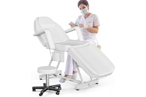 ONPNO Salon Beauty Bed with Hydraulic Stool, Adjustable 3-Section Massage Table w/Detachable Head Cushion, Professional Tattoo Chair, Facial Lash bed for Client/Esthetician, White