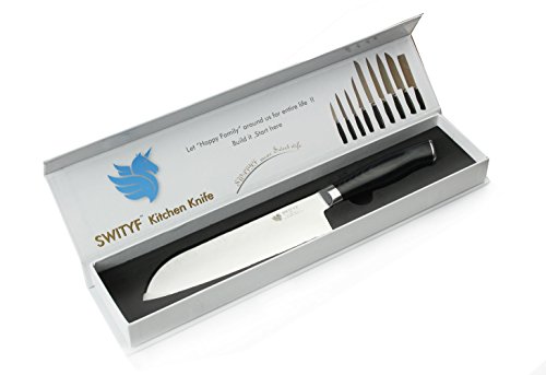 Das SWITYF VG-10 hochwertige japanische Stahl-Santokumesser ist ein Spezialmesser das178mm lang und mit hohen Kohlenstoffgehalt ist Das Micarta-Handgriff wurde mit Verbundwerkstoff ergonimisch entwickelt Das Damaskus-Muster ist wunderschön DDSK-TK - 3