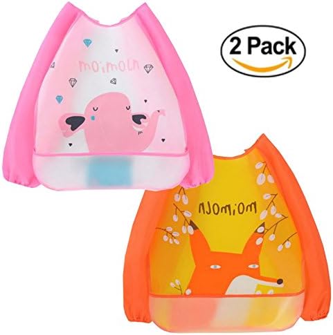 Tokkids 2 Pack Baby Waterproof Long Sleeved Washable Baby Toddler Bib with Reversible Pocket, Perfect for Feeding and Messy Play (Girl)