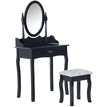 4 Drawers And Solid Rubberwood Legs Langria Makeup Dressing Table Vanity And Stool Set With Tri Fold Mirror Black Dressing Tables