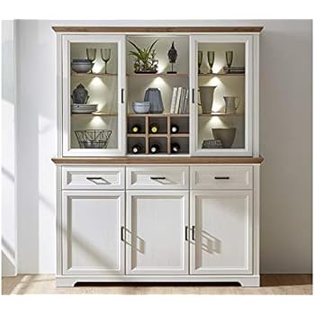 Pharao24 Buffetschrank im skandinavischen Landhausstil Weiß Kiefer LED