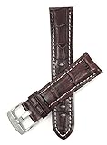 Extra Lang (XL) Leder Uhrenarmband 22mm für Herren, Braunmit weißer Naht, Hochglanzoberfläche, Alligatormuster, auch verfügbar in schwarz, weiß, königsblau und hellbraun