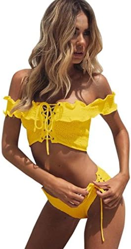 Women Bikini Set,Dorame Sexy Folds Bandage Push-Up Padded Swimsuit (S, Yellow)