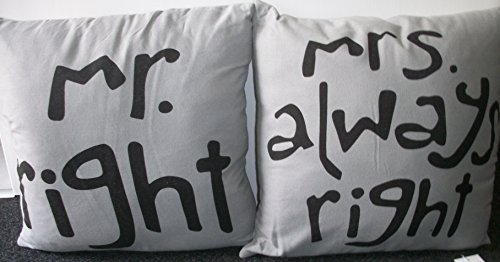 Dekokissen Kissen Zierkissen Sprüche 2 tlg. Set Schriftzug Mr. Right Mrs. Always Right grau 45 x 45 cm mit Reißverschluss