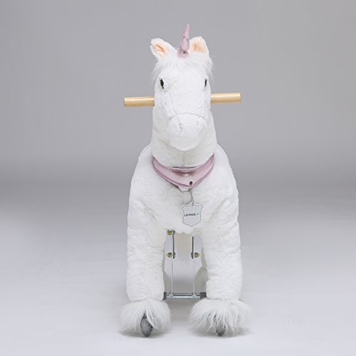UFREE Horse Action Pony, Walking Horse Toy, Rocking Horse with Wheels Giddy up Ride on for Kids Aged 3 to 5 Years Old, Unicorn with Pink Horn
