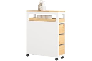 ‎SOBUY SoBuy Badezimmerschrank mit Rollen, Schmaler Badschrank mit 3 Schubladen, Kompakte Kommode aus Holz, Beweglicher Nischenschrank für kleine Bäder, WC en Küche, Weiß+Natur, 65x23x82cm, BZR54-WN
