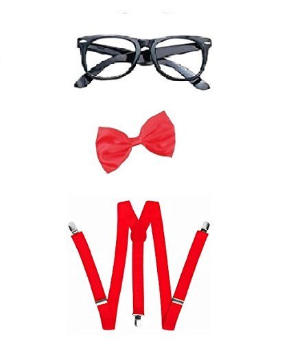 Nerd Bow Tie, Braces and Geek Glasses Kit Fancy Dress (Red)