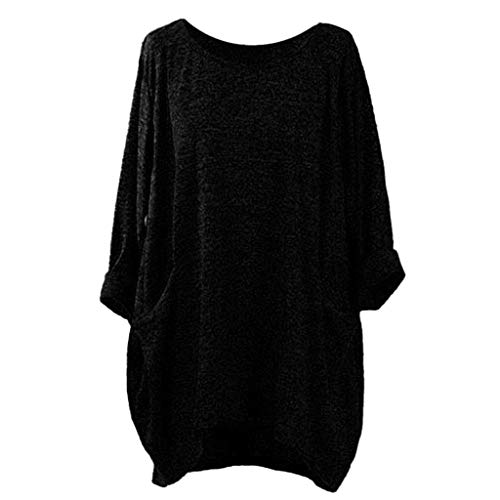 Javpoo Fashion Womens Long Sleeve O Neck Pocket T Shirts Loose Casual Blouses E
