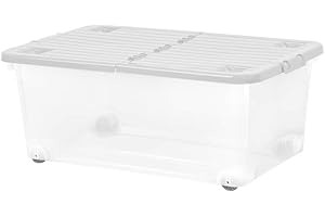 KETOPLASTICS PACK OF 3 CLEAR STORAGE BOX 45L WITH WHEELS AND GREY FOLDING LID WHAM HEAVY DUTY BOX