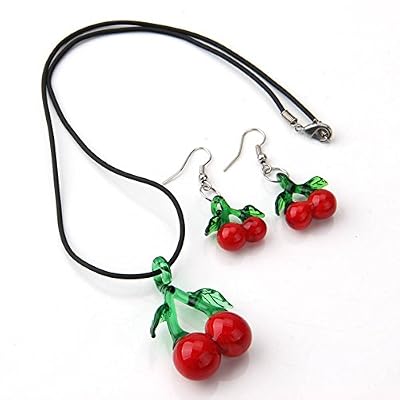 Skyllc® Set Collier Boucle d'oreille Verre Pendentif Cerise Rouge+Vert