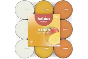 Bolsius - 18 Scented tealights - Mango - Burning time of 3.5 Hours - Diameter 38 mm - Natural extracts - Contains Vegan Wax - No Palm Oil, White, Yellow, Orange