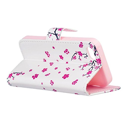 MUTOUREN für iPhone SE 5 5S Hülle Schutzhülle PU Leder Bookstyle Handyhülle Brieftasche Wallet Schale Portemonnaie Klapphülle mit Standfunktion Taschen kratzfeste Stoßfest Magnetic Snap Bumper Schale – Plum Blume + Stylus Touch Pen - 5