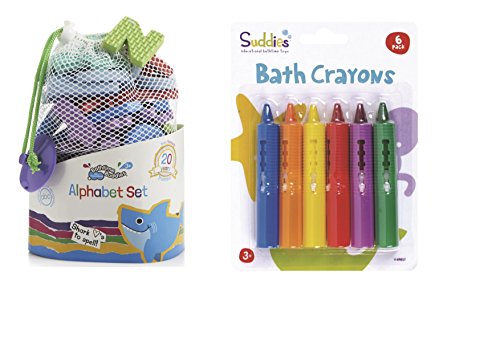 Bath Foam Alphabet Letters & Bath Crayons Set Includes 65 Lowercase Letters In Handy Net Storage Bag & 6 Colourful Skin Safe Bath Crayons Educational & Fun!