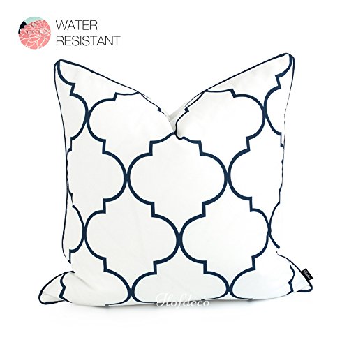 HofdecoSpring Indoor Outdoor Cushion Cover ONLY, Water Resistant for Patio Lounge Sofa, White Navy Moroccan Quatrefoil, 50cmx50cm