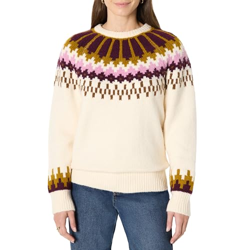 Amazon Essentials Women's Oversized-Fit Fair Isle Crewneck Jumper, Cream Caramel Chevron Knit, S