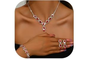Gkaopi 3 Stück Hochzeit Schmuck Sets Damen Strass Kette Anhänger Ohrringe und Armband Set Silber/Rot/Blau Hochzeit Schmuck für Verlobung Brautjungfer Prom
