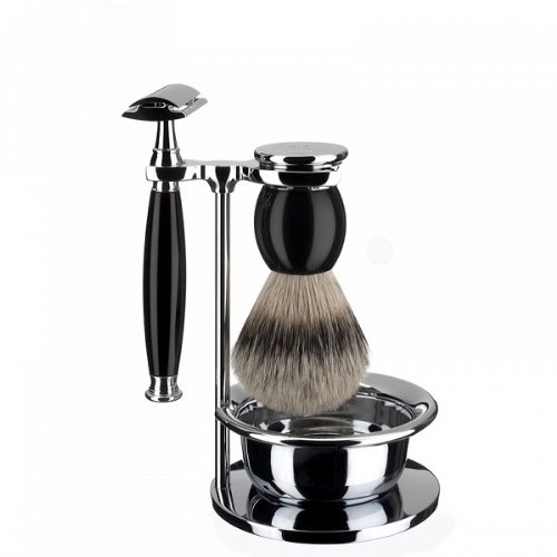 Mühle Sophist Silver Tip Badger Hair Bristles on – Shave Set, High-grade Resin Black 4 Piece Safety Razor