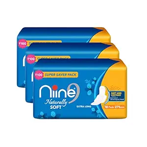 Niine Naturally Soft Extra Long Sanitary Pads for women (Pack of 3), 54 Pads Count (Super Saver Pack)