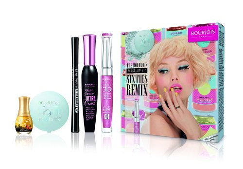 BOURJOIS SIXTIES REMIX MAKE UP SET - BLACK SOFT TIP EYELINER - LITTLE ROUND POT LIGHT BLUE EYE SHADOW - VOLUME GLAMOUR ULTRA CURL MASCARA - 3D EFFET ROSE LIPGLOSS - FREE VIVID YELLOW MINI NAIL POLISH