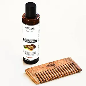 NaturCrest 100% Pure & Natural Organic Moroccan Argan Oil 200 ml + Neem Wooden Comb For Hair Growth And Healthier Scalp | Frizz - Free & Stronger Hair, Daily Nourishment