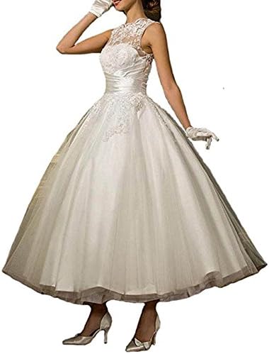 ANJURUISI Women's Elegant A-Line Tea-Length Lace Applique Tulle Wedding Dress White-UK18