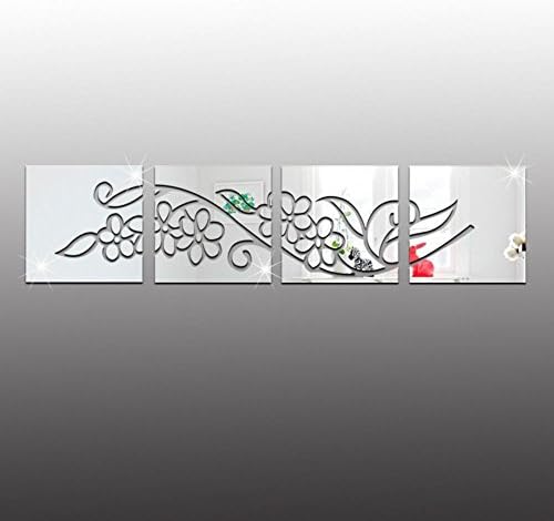 MAX&amp;MT 1Set （4 pieces）3D Flower stitching Acrylic mirror wall stickers，28*28cm , silver