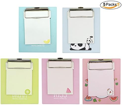 Cuddty Creative Small Memo Pad Paper Sticky Notes with Paperboard Clipboard,Set of 5,Assorted Color