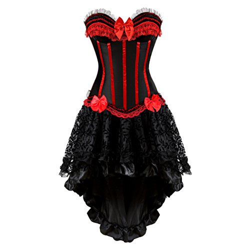 Rosfajiama Bustier de Encaje con corsé de Moda de lencería Sexy con Mini Falda de tutú para Moulin Rouge Showgirl Clubwear Red-2XL-Black