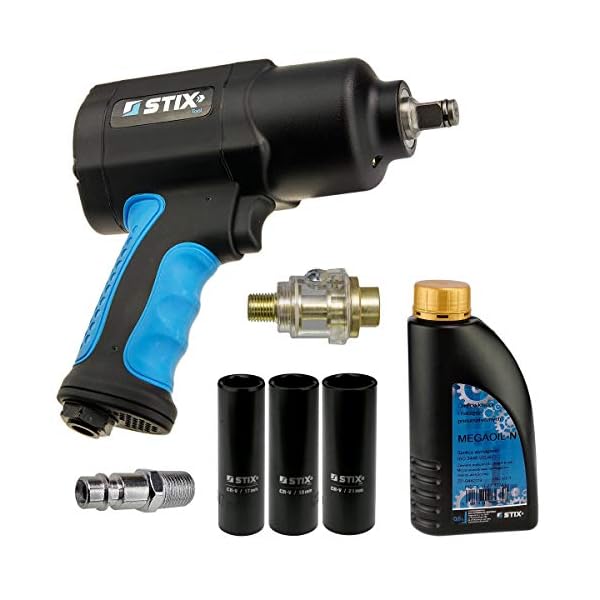 Set Schlagschrauber STT-15 Doppelschlagwerk 1/2 Zoll Pneumatisch 1500Nm mit Nüssen Mini Öler Druckluft Öl 0,6l