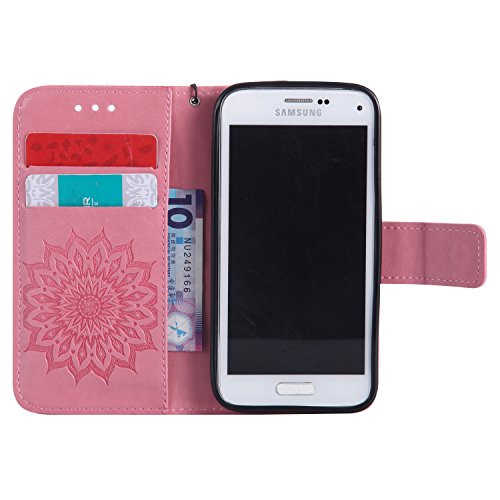 Lonchee Samsung Galaxy S5Mini G800 SM-G800 Leder Wallet Tasche Brieftasche Schutzhülle , Sonnenblumen geprägten Muster Design Hochwertige PU Leder Folio Tasche Case Hülle im Bookstyle mit Standfunktion Kredit Kartenfächer (rosa) - 7
