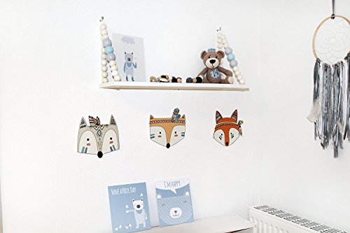 Wanddekoration in 3D für das Kinderzimmer *** NEUHEIT *** 4er-Set mit 3D-Effekt -Süße bunte Indianer Tierköpfe in TOP Qualität auf 10mm starken Platten – MADE IN GERMANY - 3