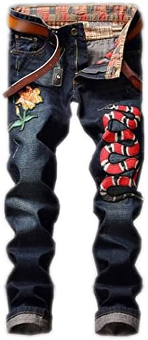 Mens Clothing Design Embroidered Floral Snake Denim Jeans Chic Men Animal Pattern Straight Biker Jeans Photo Color 30