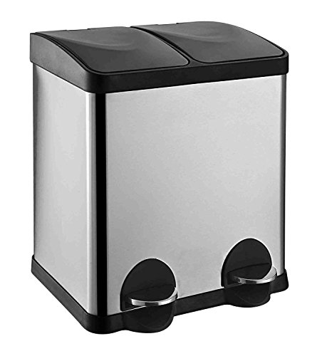 Mülltrennsystem Treteimer Mülleimer ECKBERT | 30 Liter Edelstahl | mit Kunststoffeinsatz, Schwarzer Deckel