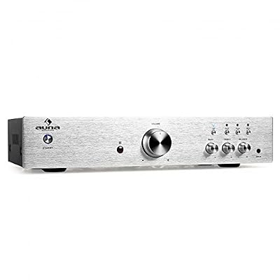 Auna AV2-CD508 - Ampli HiFi Stereo avec 3 entrées RCA, une entrée AUX et égaliseur 2 bandes (125W RMS, télécommande, facade en acier brossé) - argent