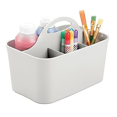 mDesign boite de rangement idéale pour fourniture de bureau – pot a crayon en plastique à 4 compartiments – rangement bureau gris clair transportable grâce à ses poignées