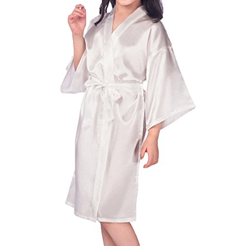 Preisvergleich Produktbild Hibote Blumenmädchen Satin Kimono Roben Hochzeit Brautjungfer Robes Kinder Bademantel Nachtwäsche Nachthemd Weiß 10 / 7-9Y