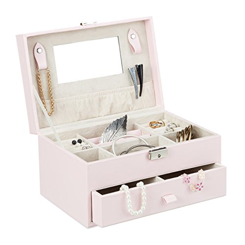 Preisvergleich Produktbild Relaxdays Schmuckkästchen mit Spiegel, Schatulle aus Kunstleder, abschließbare Schmuckbox m. Griff f. Unterwegs, rosa