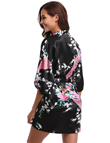 Aibrou Damen Morgenmantel glatte Satin Nachtwäsche Bademantel mit Peacock und Blume Kimono Negligee Seidenrobe Schlafanzug Glanz Look kurz - 4